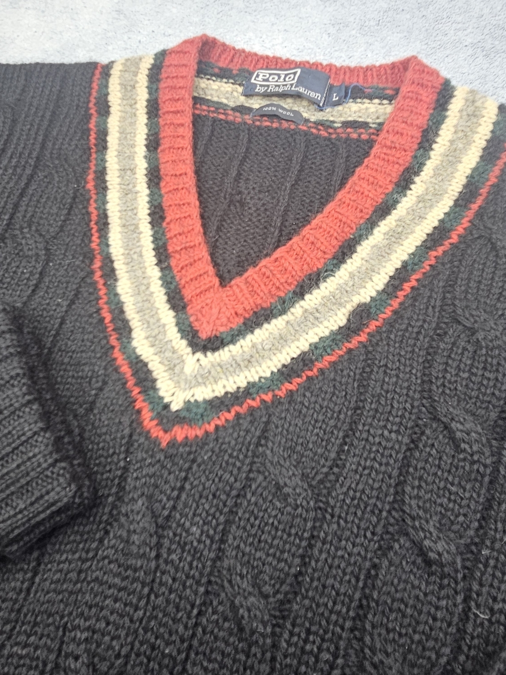 Polo Ralph Lauren Vintage Cricket Polo Sweater Black Red Cable Knit V-Neck Large